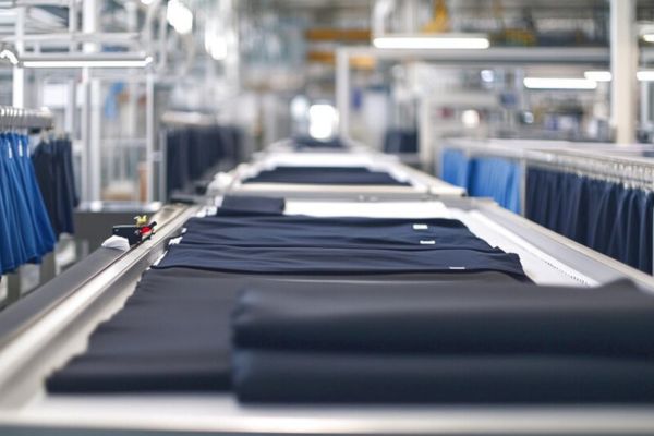 Various colorful cloth pieces placed on a workstation in a cloth factory, with more garments hanging in the background