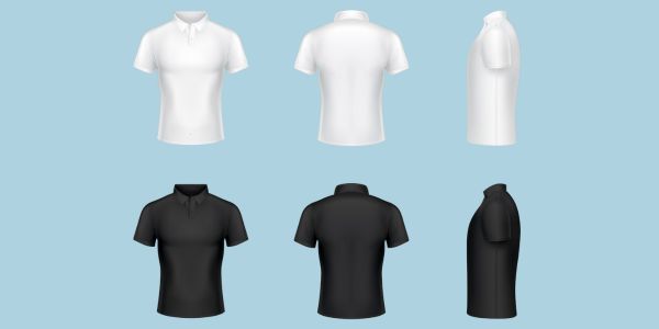 White and black colored solid men's t-shirts displayed from different angles, showing front and side views