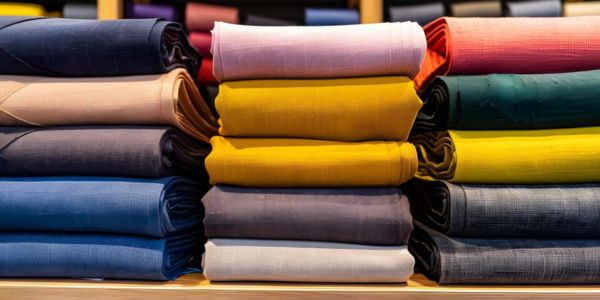 Stack of different colored fabrics bundled together in a pile