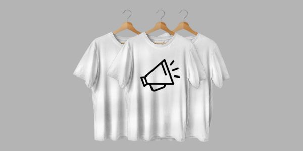 White round-neck men's cotton t-shirt with a vector print hanging on a hanger