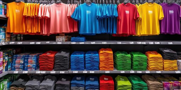 Assorted colorful men's round-neck solid cotton t-shirts hanging on display and neatly folded in racks